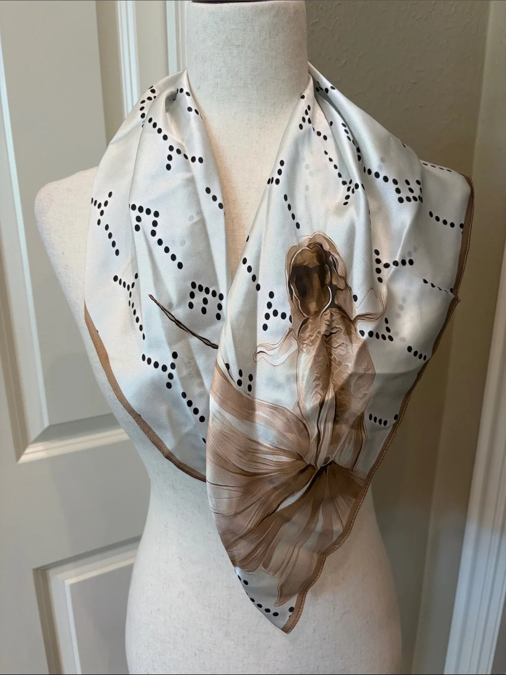 Cream and Beige Dragonfly Print Silk Scarf 25